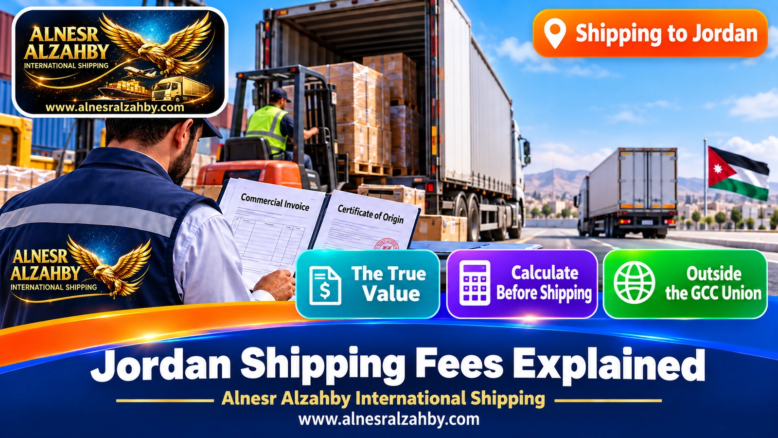 A customs broker reviewing a commercial invoice and certificate of origin for a Jordan-bound shipment