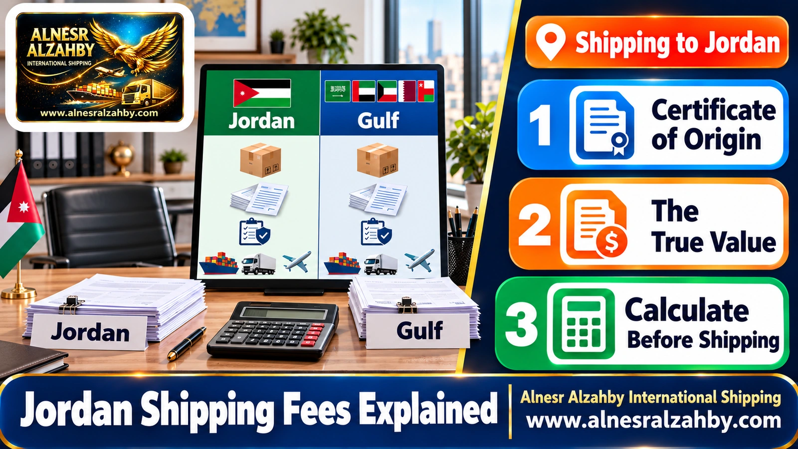 A visual comparison between shipping to Gulf countries and shipping to Jordan in terms of fees