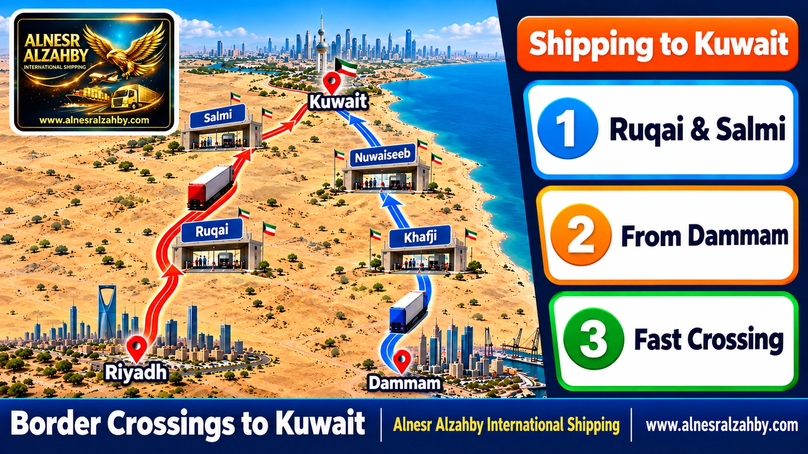 A map showing the Khafji–Nuwaiseeb and Ruqai–Salmi routes from Riyadh and Dammam to Kuwait