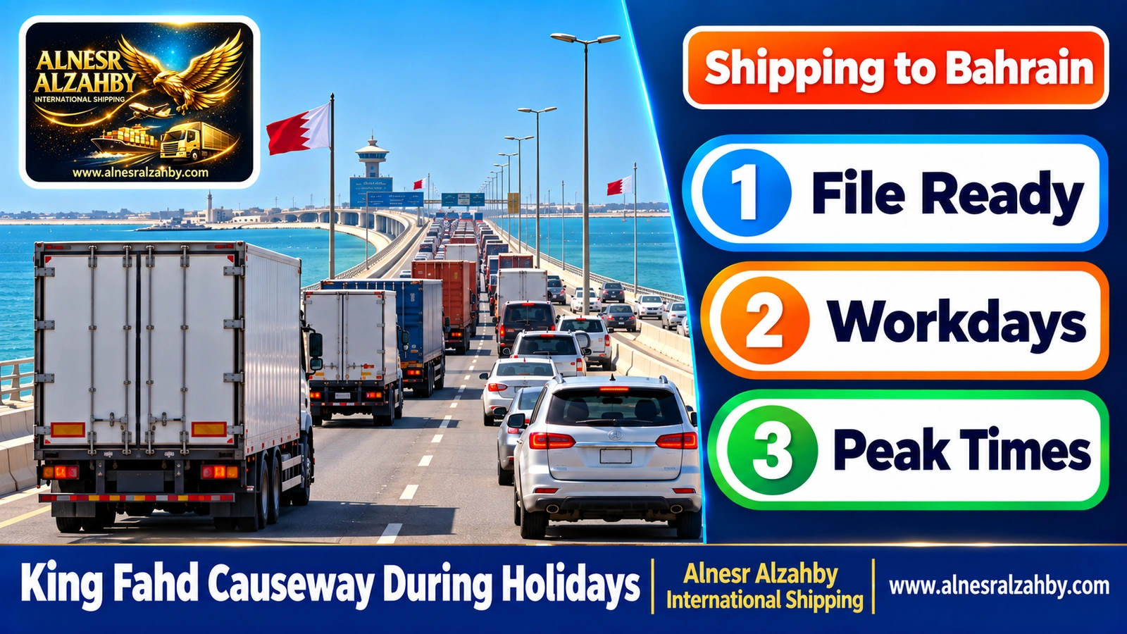 A queue of trucks and cars on the King Fahd Causeway during a holiday season