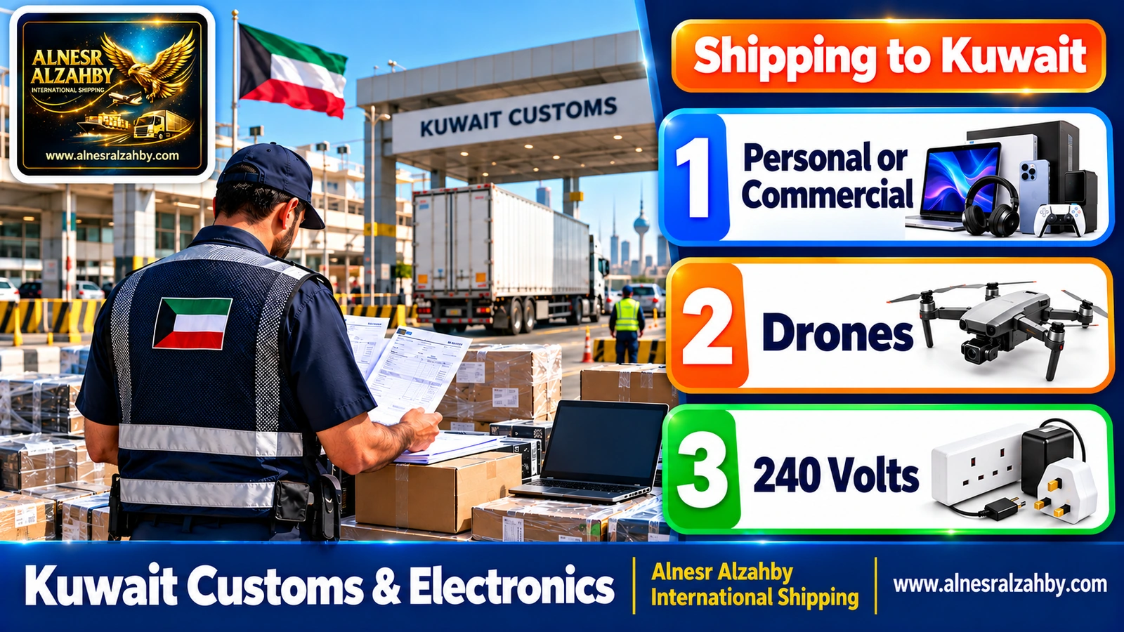 A customs broker reviewing electronics invoices at a Kuwaiti border crossing