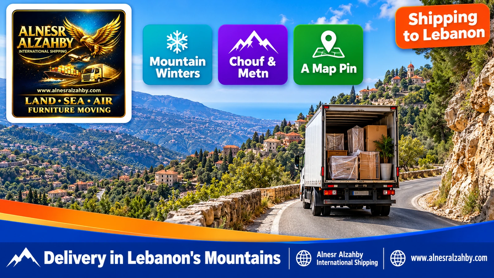 A small truck on a narrow winding mountain road in Mount Lebanon