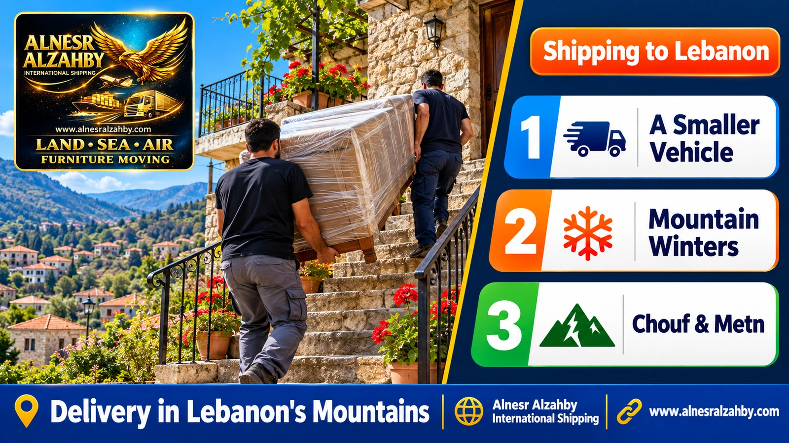Carrying furniture by hand up the outdoor stairs of a stone house in a Lebanese village
