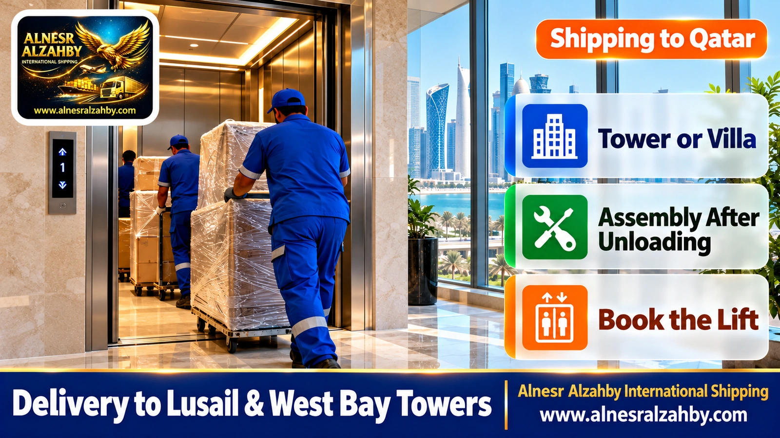 Unloading furniture boxes through the service elevator of a residential tower in West Bay