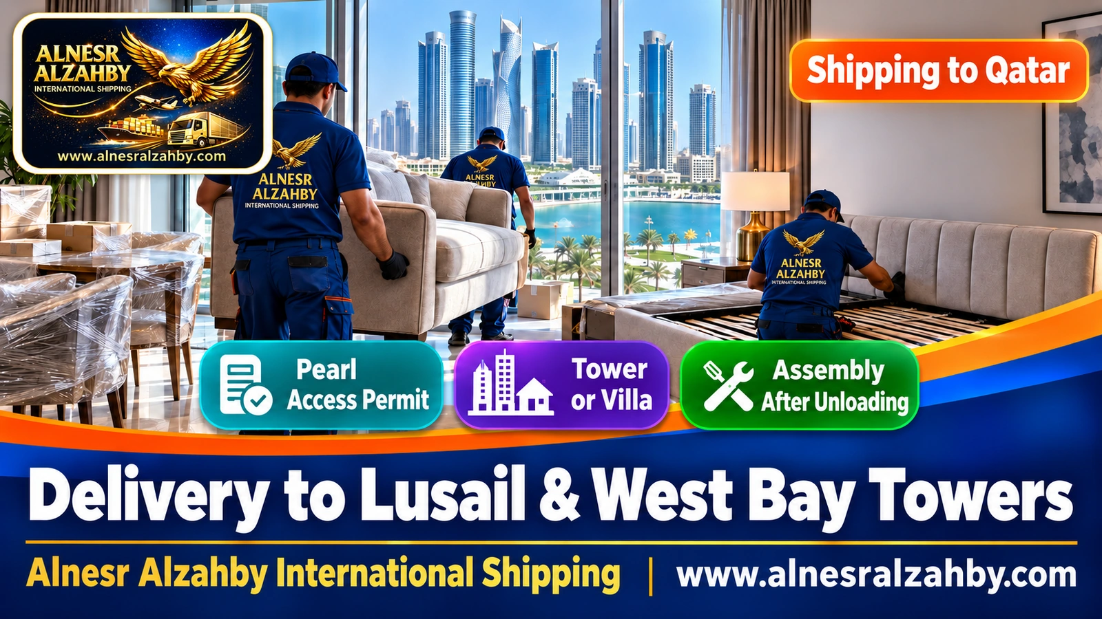 A team assembling furniture in a tower apartment in Lusail after unloading