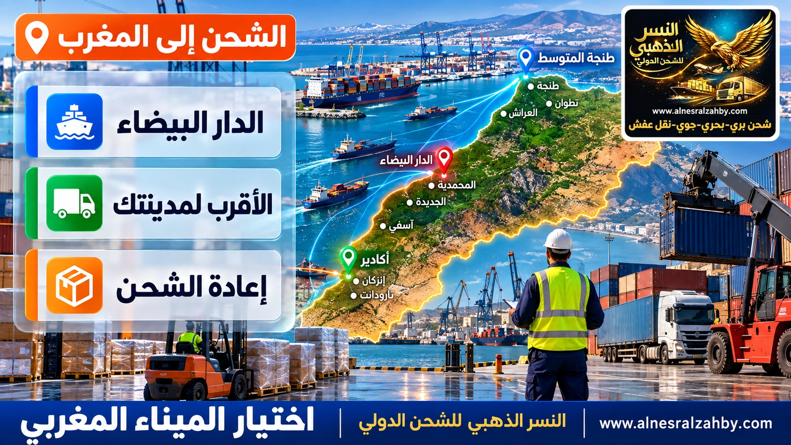 خريطة المغرب توضح موانئ طنجة المتوسط والدار البيضاء وأكادير والمدن القريبة منها