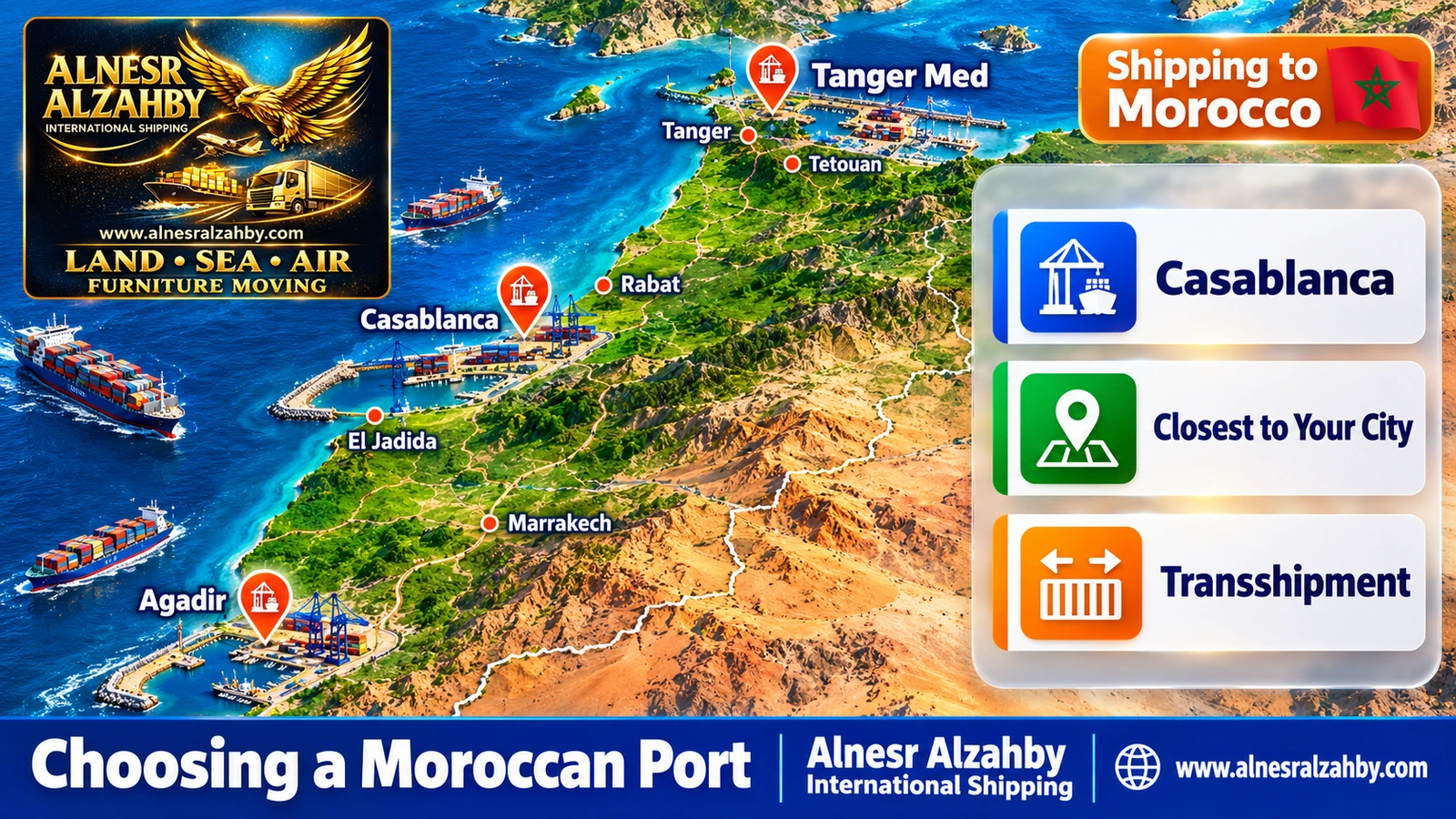 A map of Morocco showing the ports of Tanger Med, Casablanca and Agadir and nearby cities