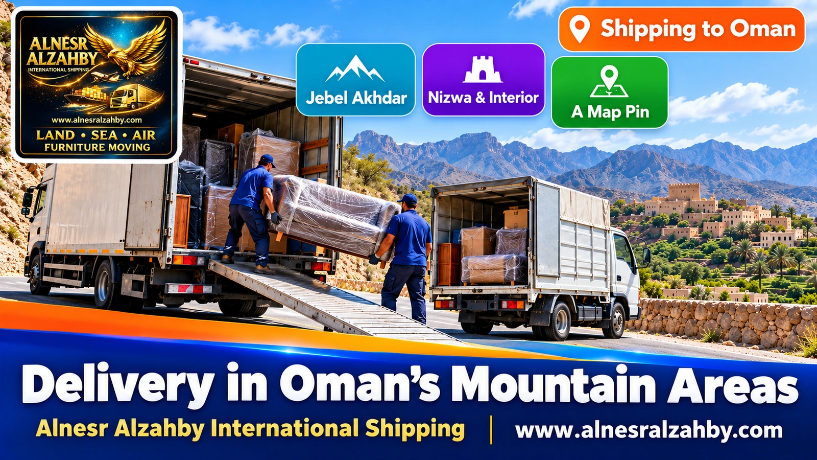 Transferring furniture from a large truck to a smaller vehicle at the edge of a mountain road in Oman