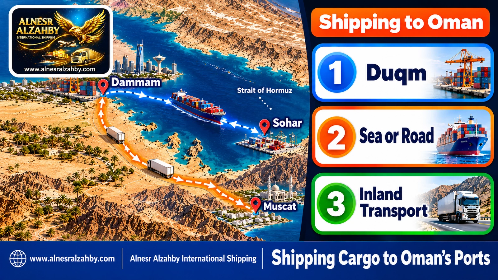 A map comparing a sea route from Dammam to Sohar with a road route to Muscat