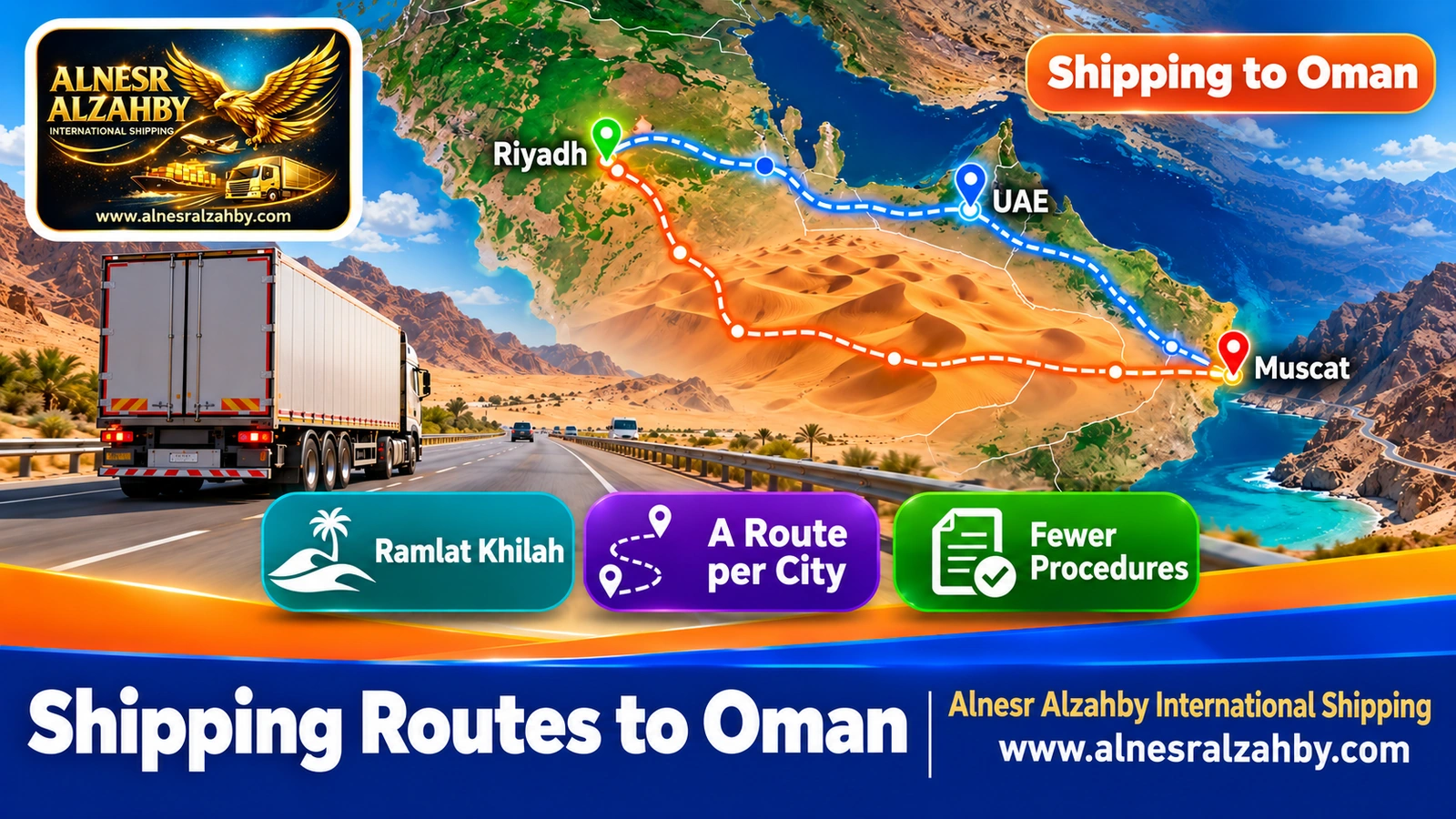 An illustrated map of two routes from Riyadh to Muscat: via the Empty Quarter and via the UAE