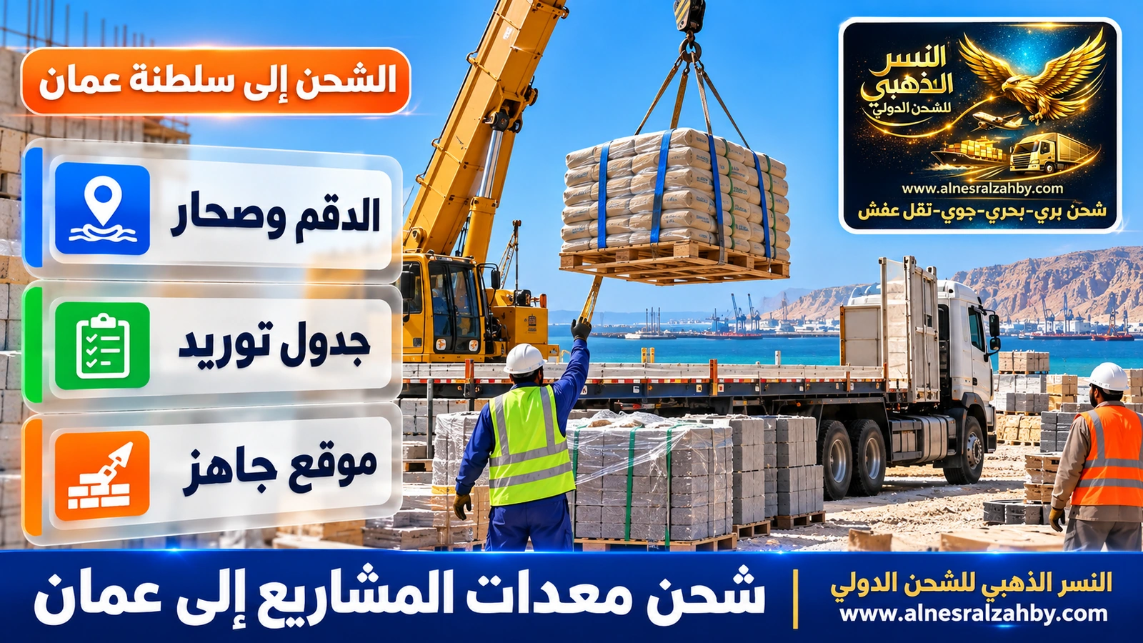 تفريغ مواد بناء برافعة في موقع مشروع بالدقم
