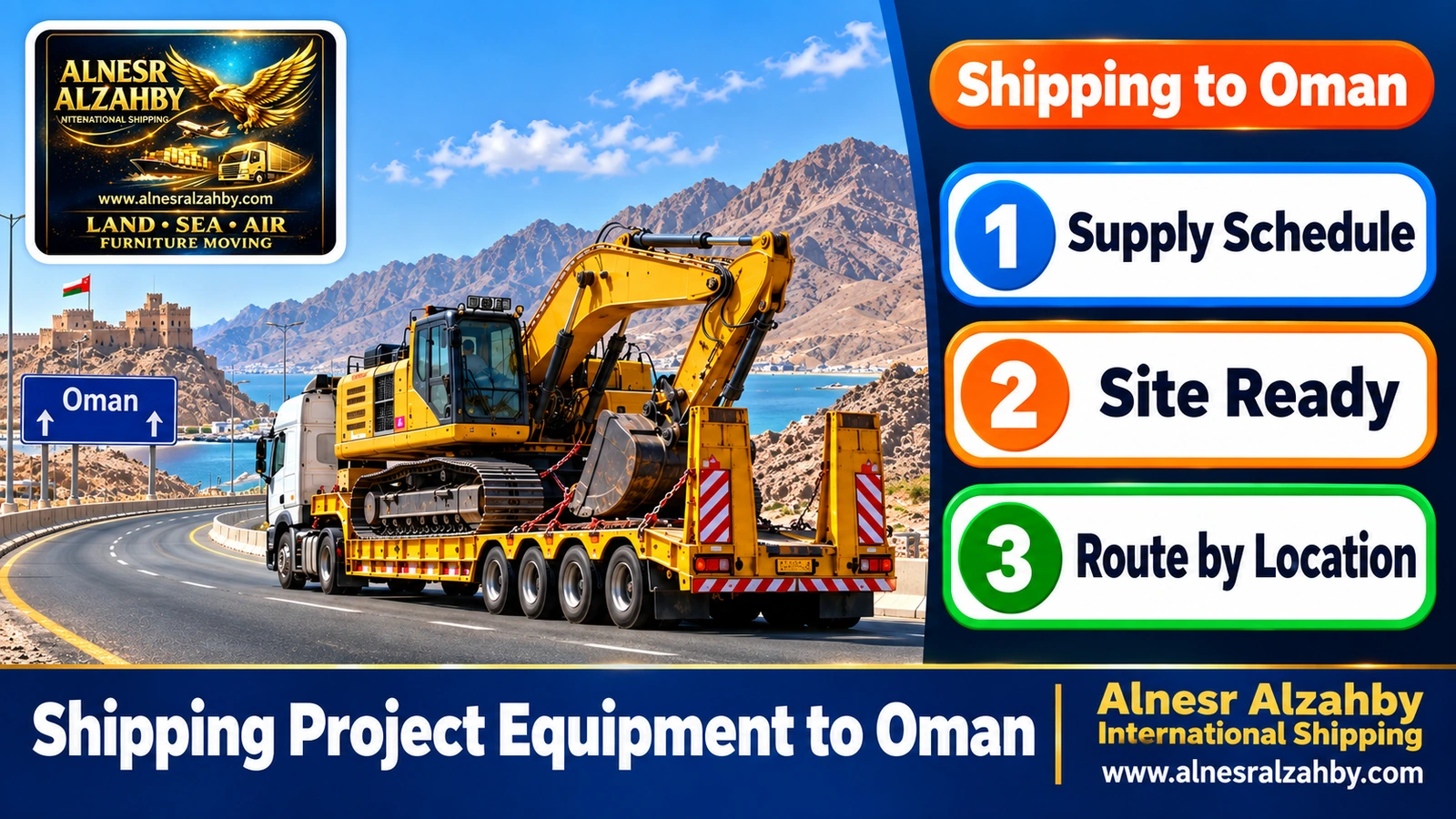 A lowbed truck carrying an excavator across a desert road toward Oman