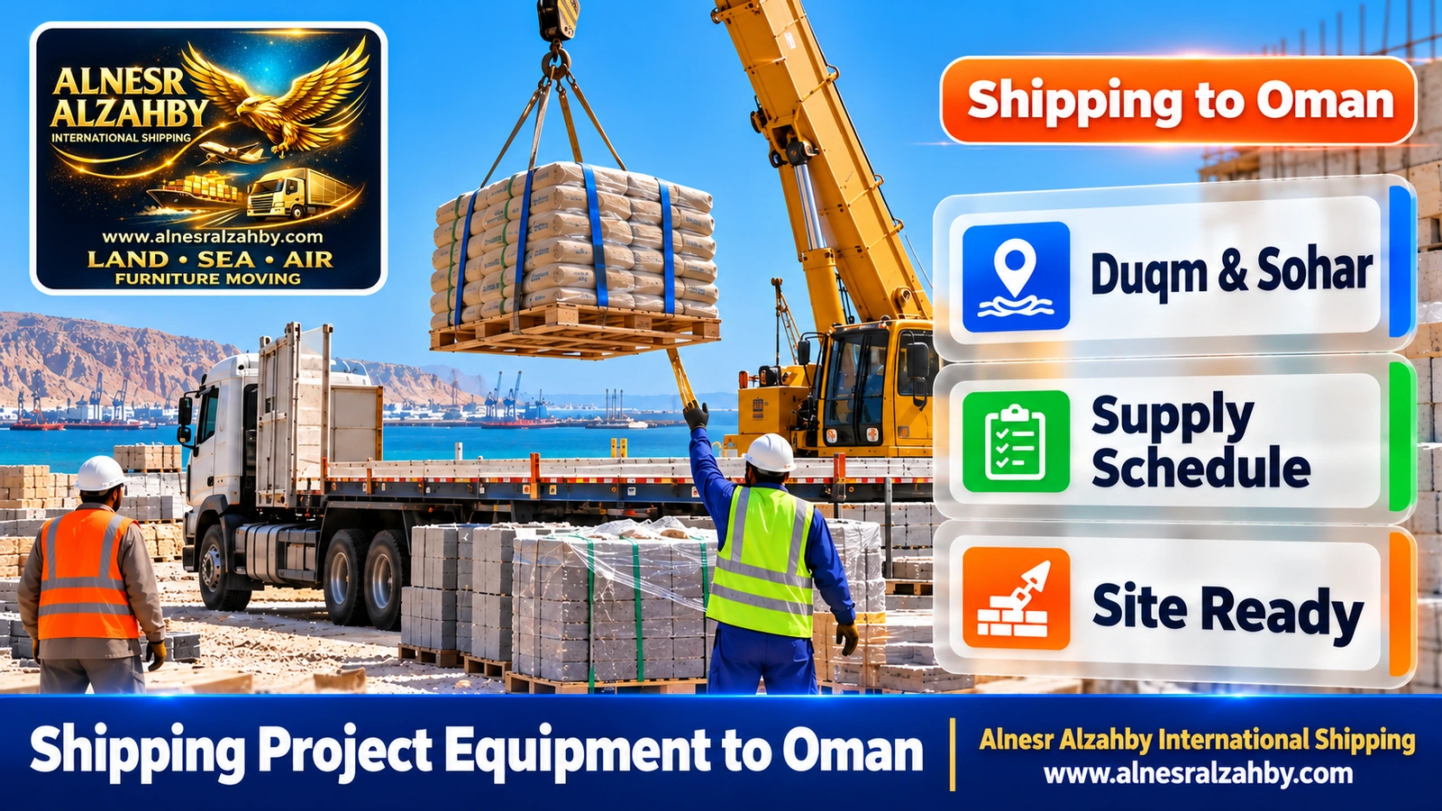 Building materials unloaded by crane at a project site in Duqm