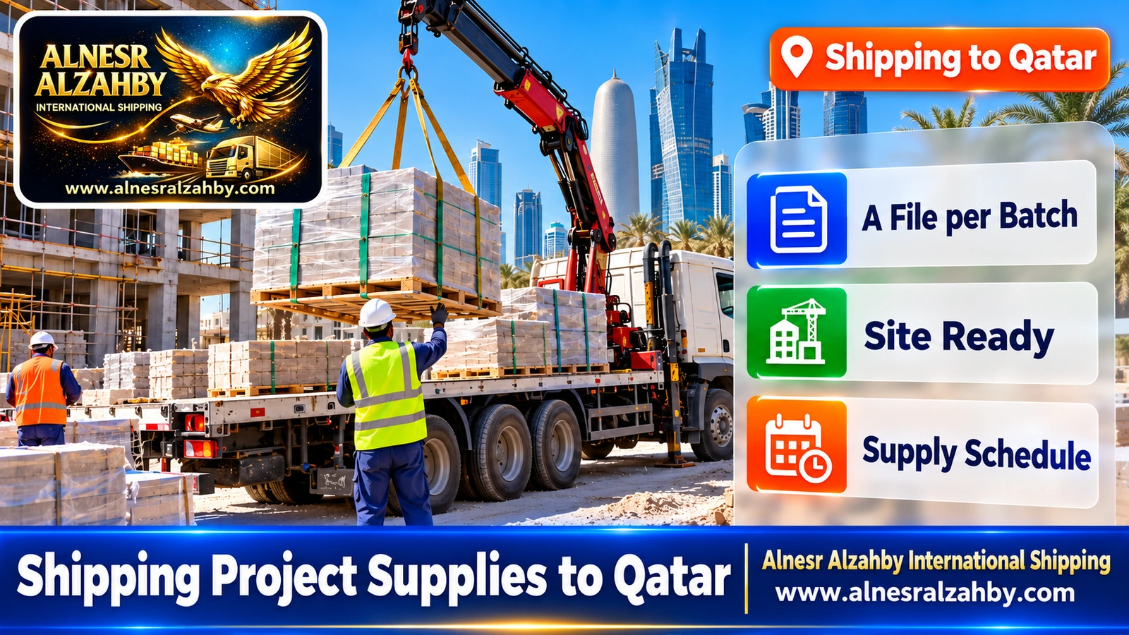A flatbed truck unloading building materials by crane at a project site in Doha