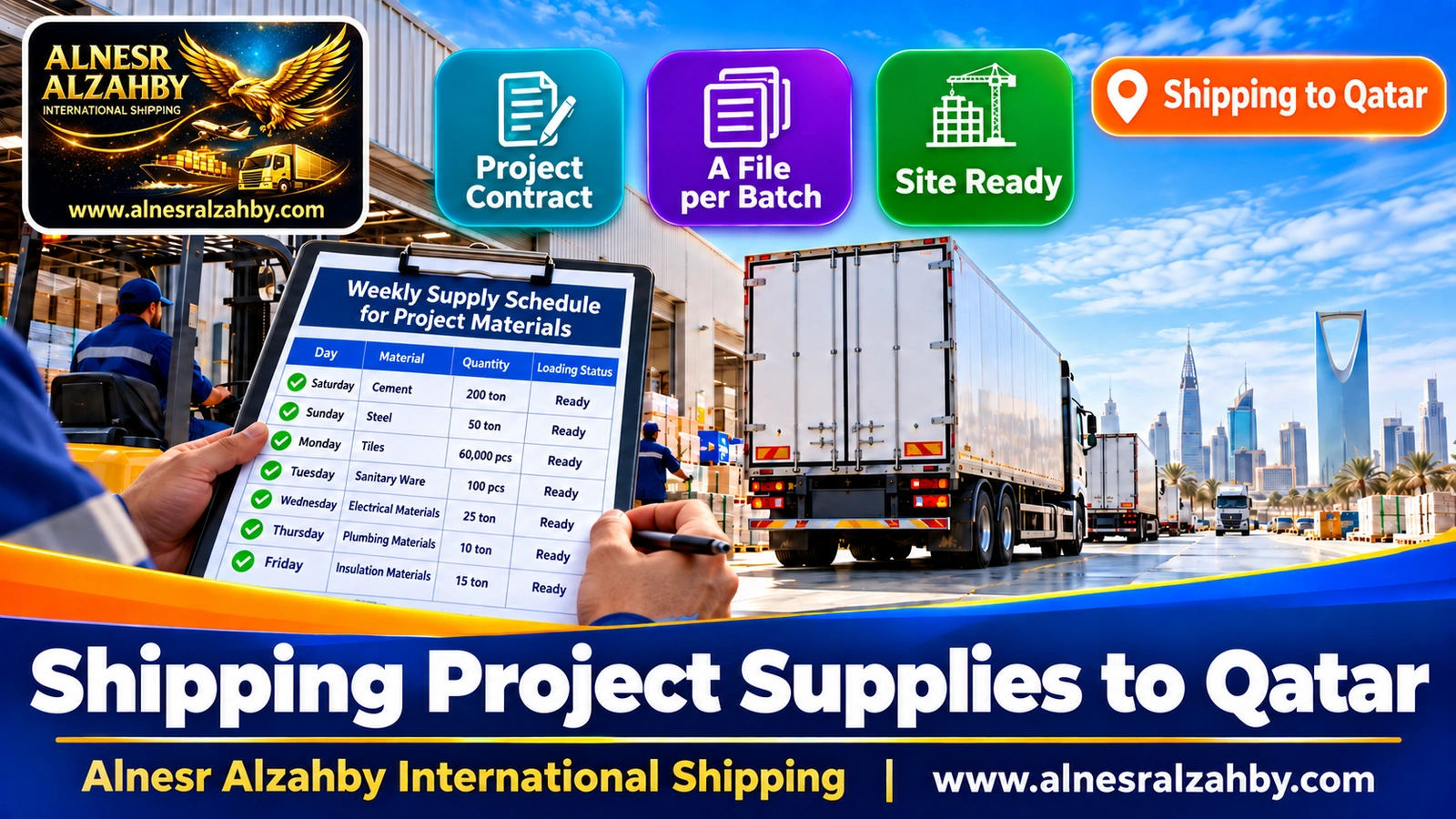 A weekly supply schedule for project materials with trucks ready to load in Riyadh