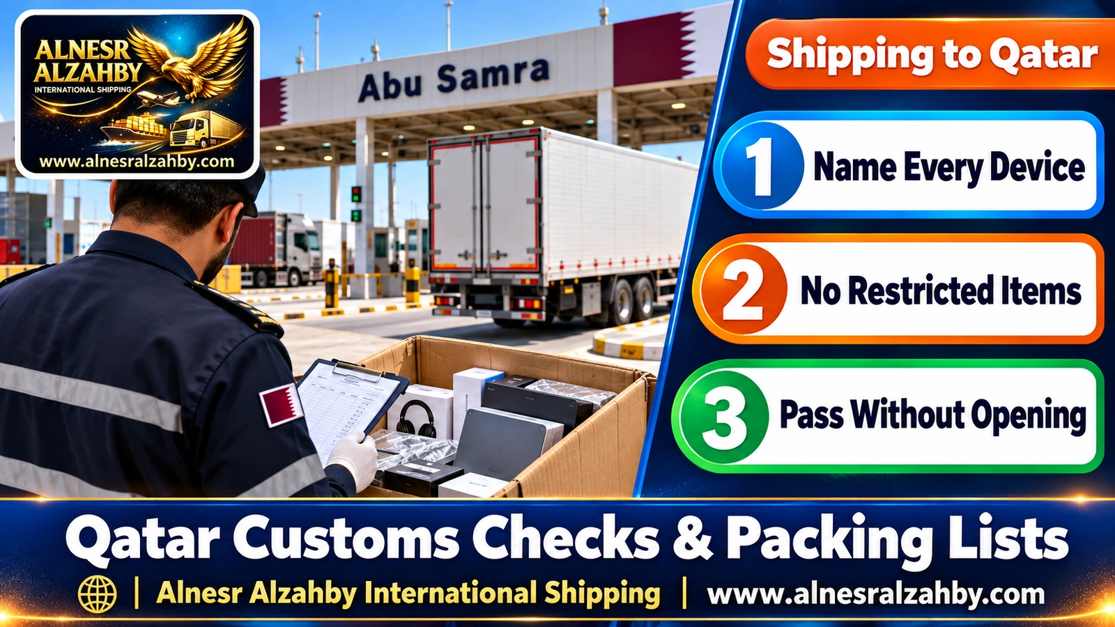 A customs officer matching a box's contents to the packing list at Abu Samra