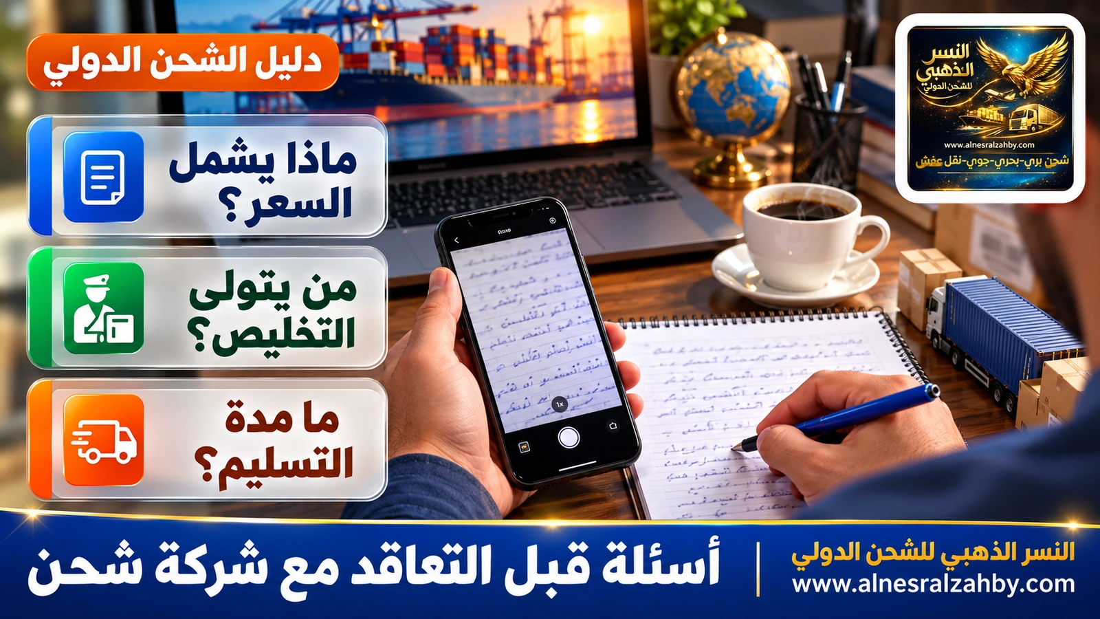 مكالمة استفسار مع شركة شحن وورقة أسئلة مكتوبة أمام العميل