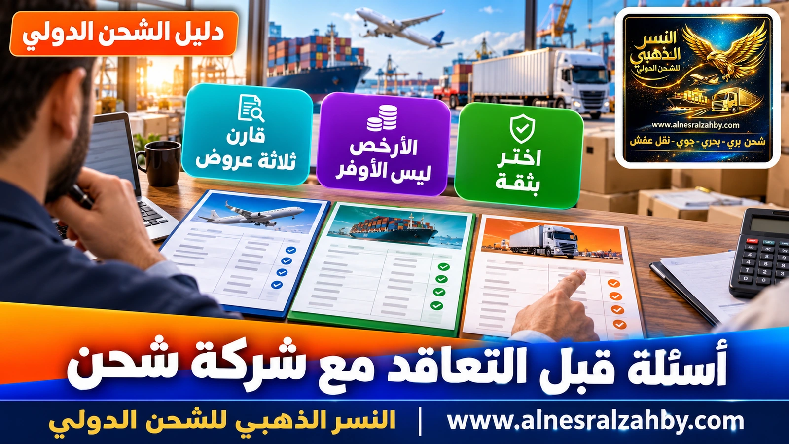 مقارنة ثلاثة عروض شحن مكتوبة جنباً إلى جنب على طاولة