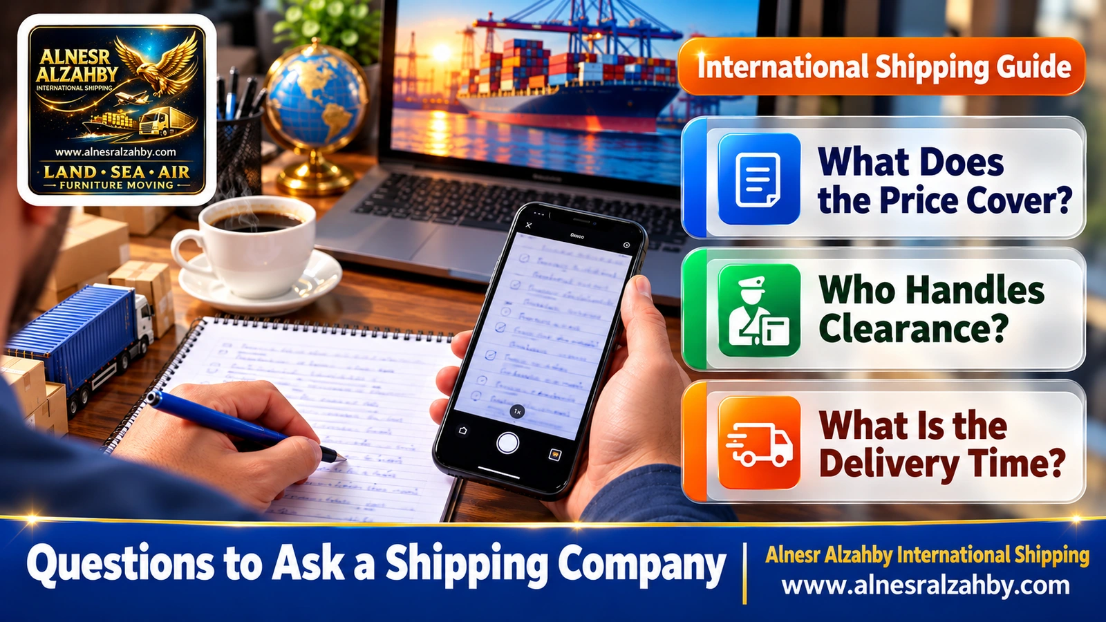 A customer on an enquiry call with a shipping company, a written list of questions in front of him