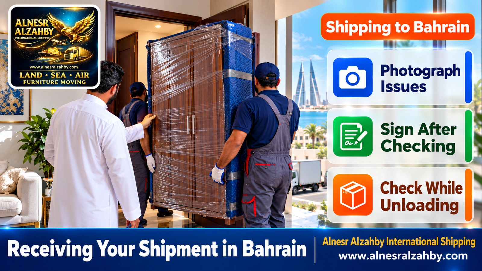 A consignee watching a wardrobe being carried through an apartment door in Manama and checking its edges
