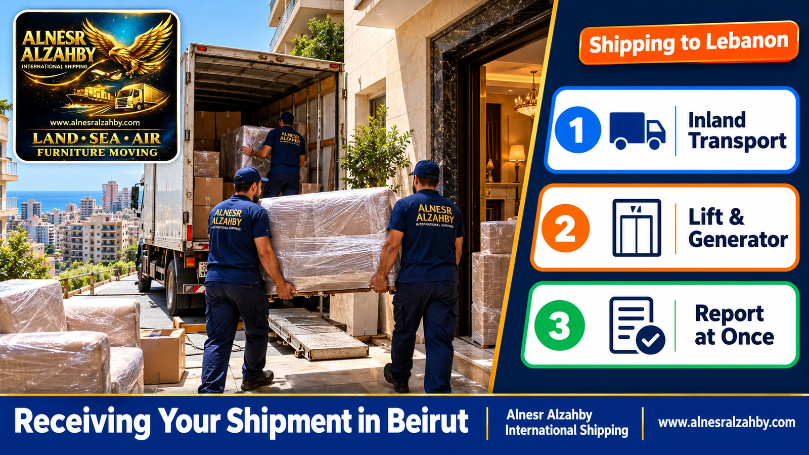 Unloading furniture into an apartment in a Beirut residential building after it arrives from Saudi Arabia