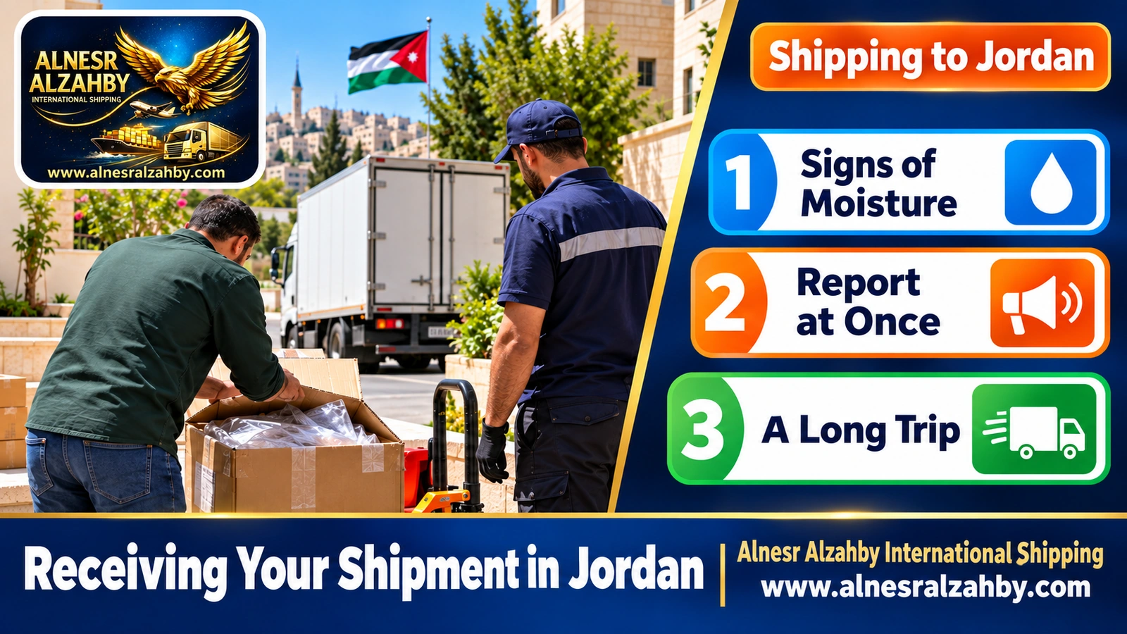 A consignee opening a box re-sealed after customs inspection, with the driver present, in Amman