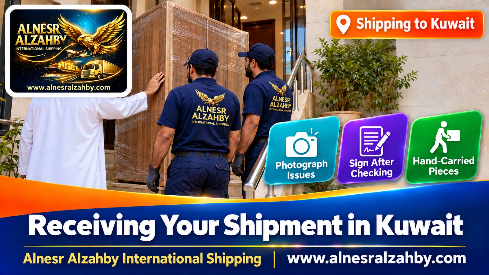 A consignee checking the edges of a wardrobe after it was carried up the stairs in Salmiya