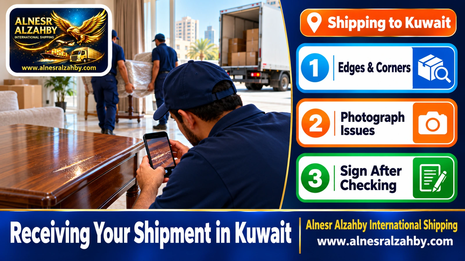 Photographing a scratch on a table after unloading furniture in a Hawalli apartment
