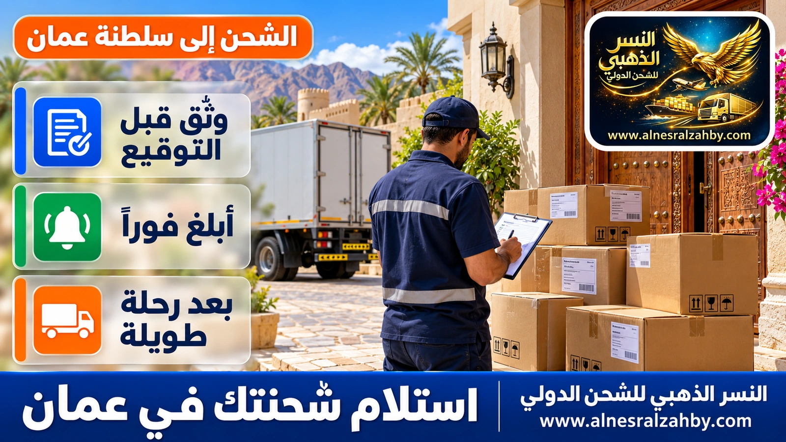 مستلم يعدّ صناديق شحنة ويطابقها مع قائمة المحتويات أمام بيت في نزوى