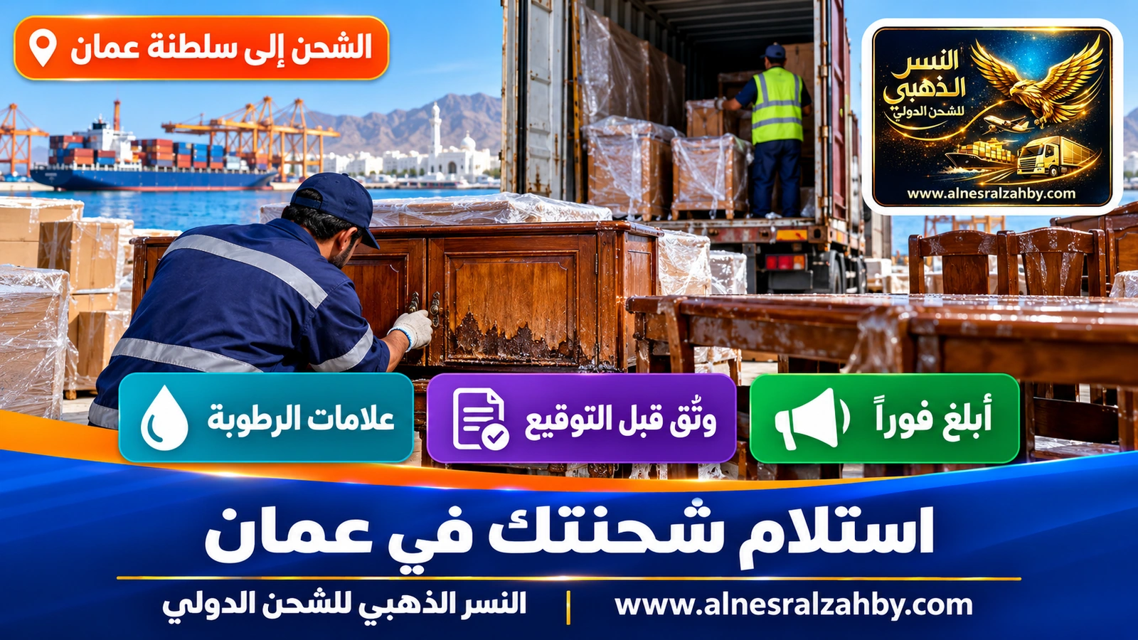 توثيق حالة أثاث خشبي بعد وصوله إلى مسقط وفحص علامات الرطوبة