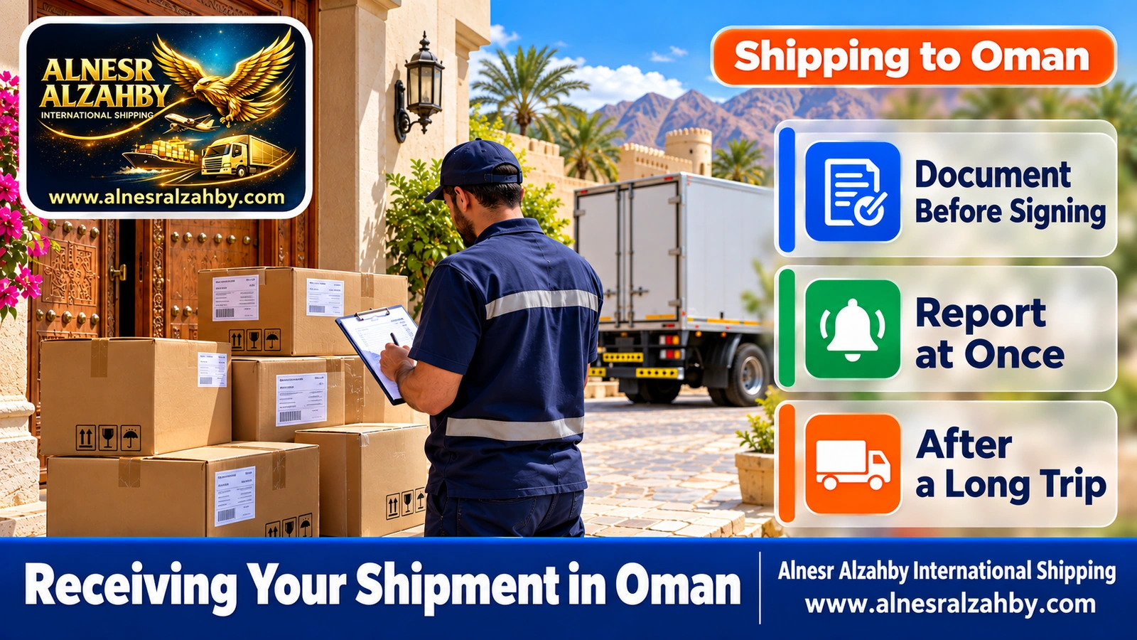 A consignee counting shipment boxes and matching them to the packing list in front of a house in Nizwa
