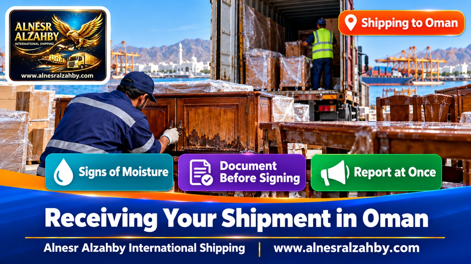 Documenting the condition of wooden furniture after arrival in Muscat and checking for moisture signs