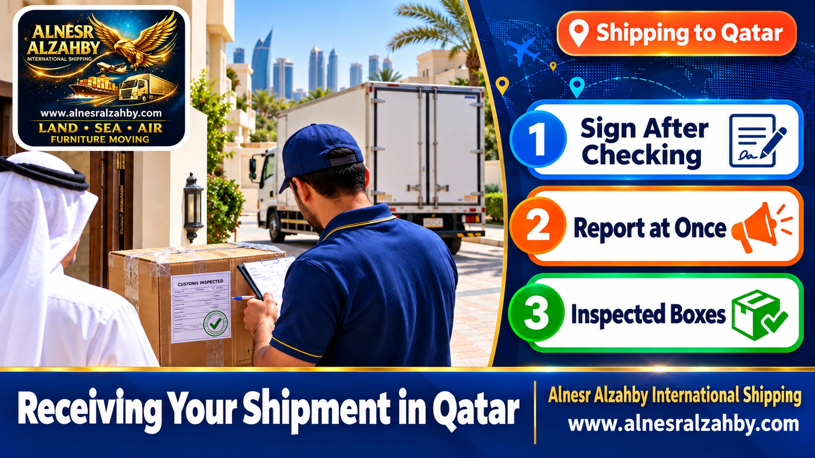 A consignee inspecting a box re-sealed after customs inspection at a home door in Doha