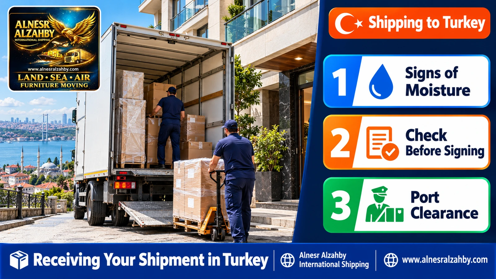 An inland truck delivering a shipment from the port to a residential building in Istanbul