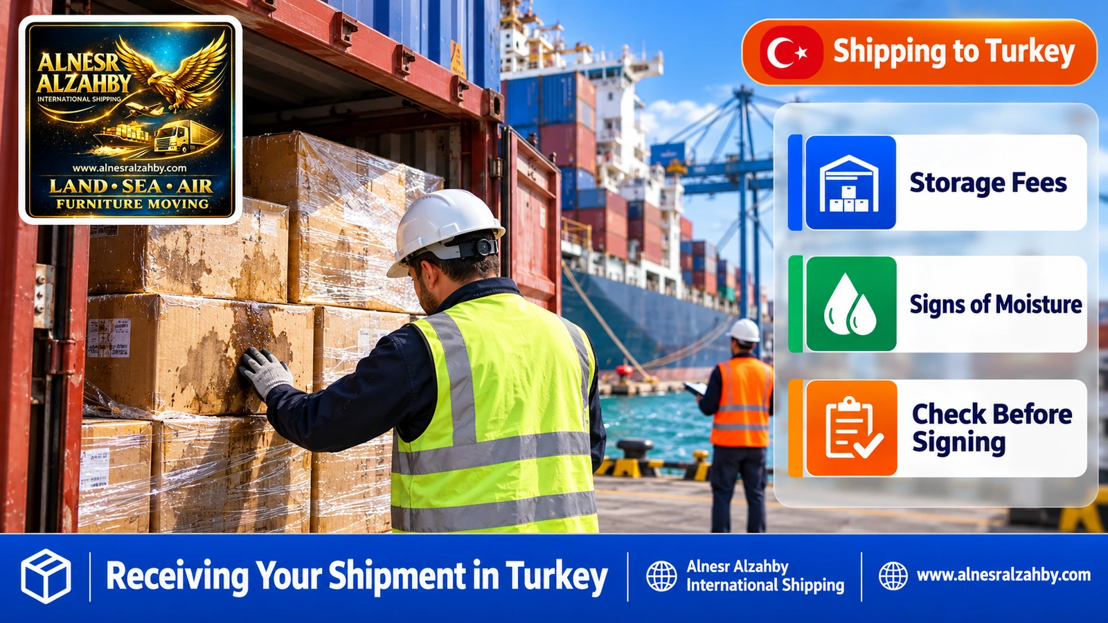 Checking sea shipment boxes for moisture signs on delivery in Turkey