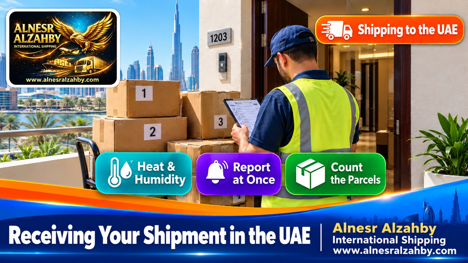 A consignee counting numbered boxes and matching them to the packing list at an apartment door in Dubai