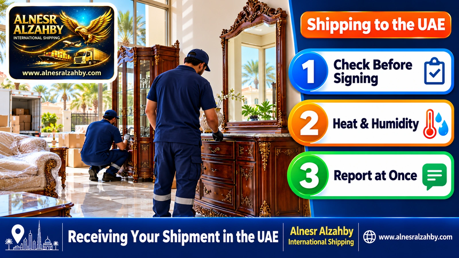 Inspecting a wooden cabinet and a mirror after unloading in a villa in Abu Dhabi