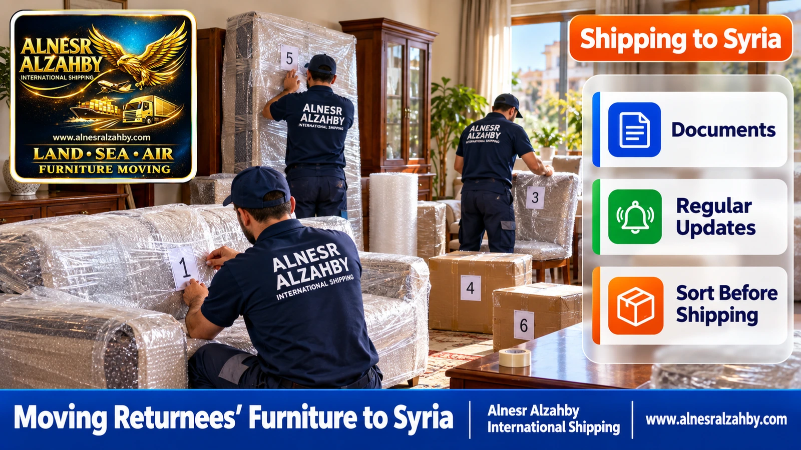 A team wrapping house furniture in protective layers and numbering the pieces before shipping to Syria