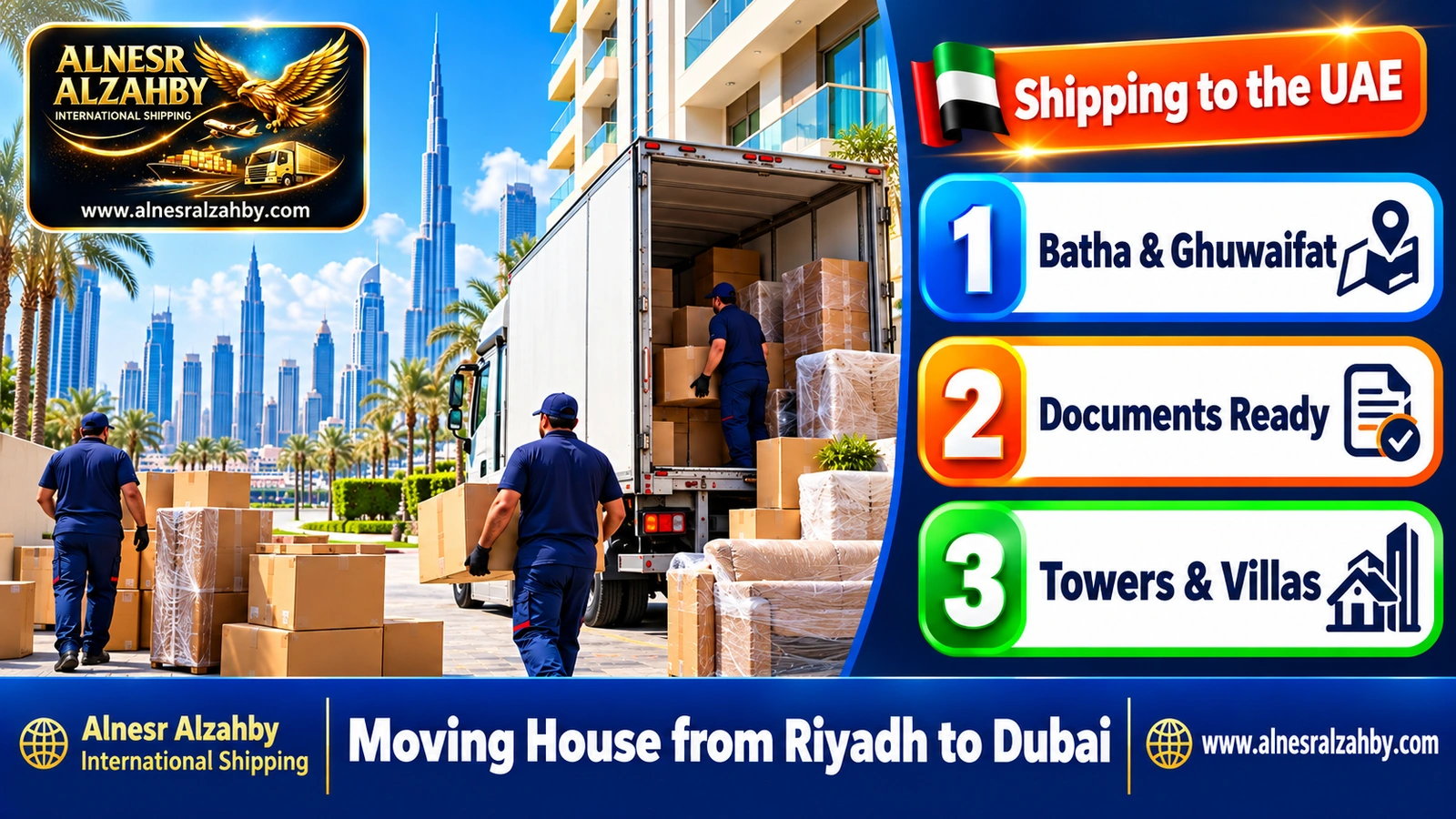 A furniture truck arriving at a residential tower in Dubai while the team unloads the boxes