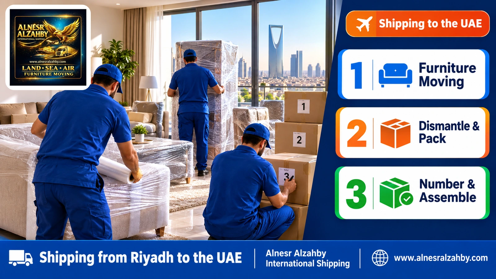 A team wrapping an apartment's furniture in Riyadh and numbering the boxes before shipping to the UAE