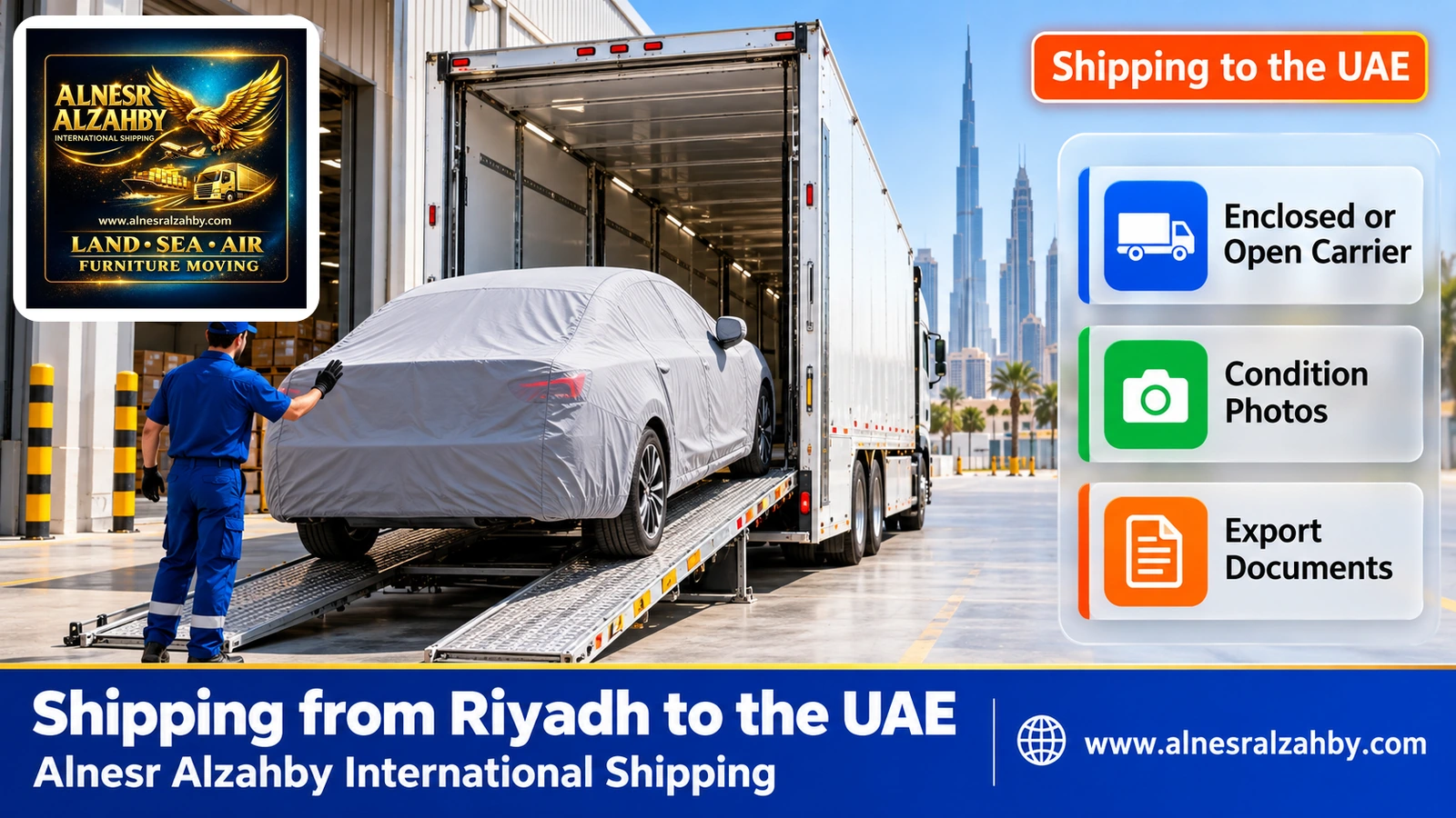 A sedan under a protective cover being professionally loaded into an enclosed car carrier at an equipped loading bay in Riyadh