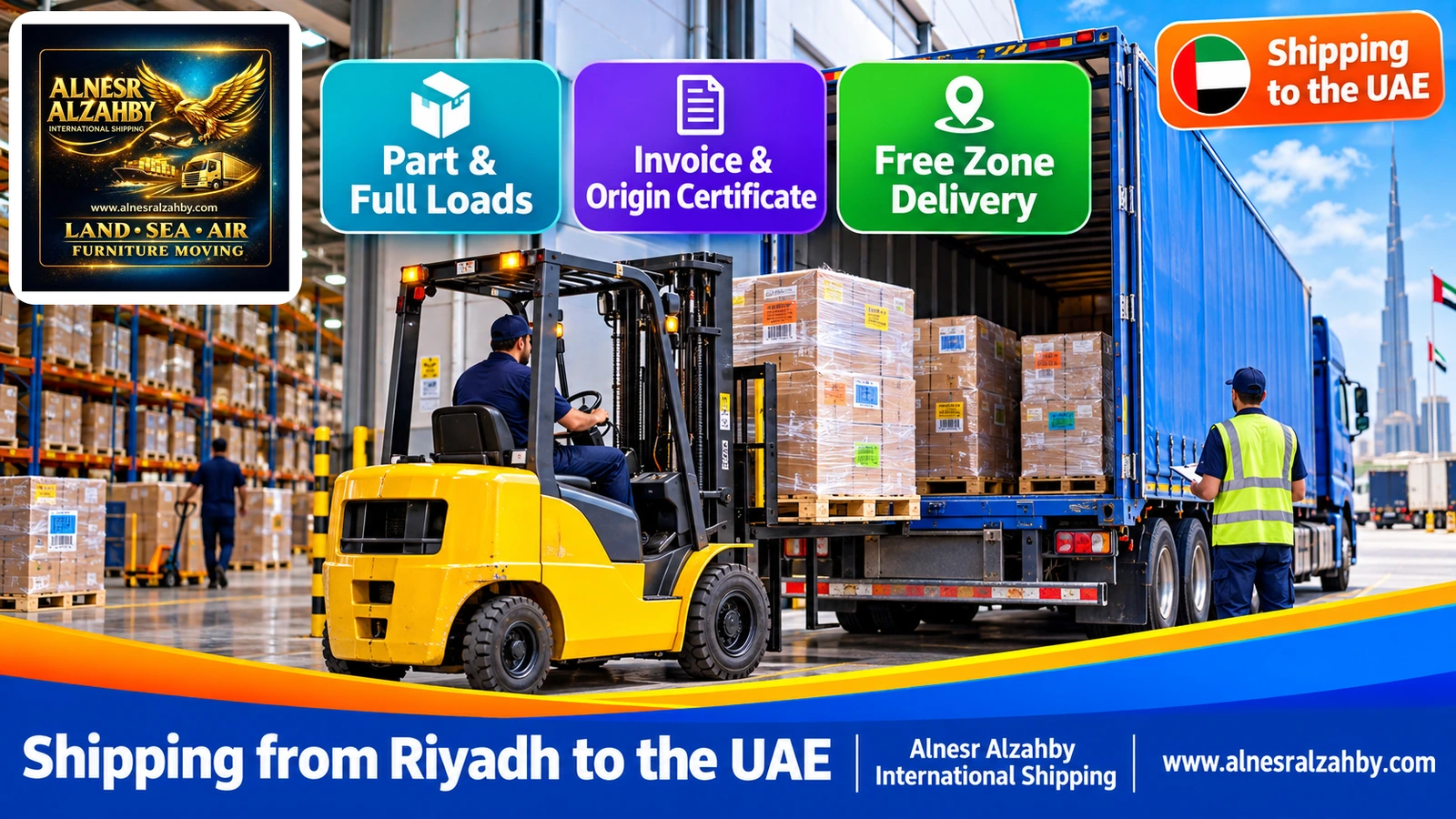 A forklift loading stretch-wrapped pallets of goods into a cargo truck inside a modern warehouse in Riyadh