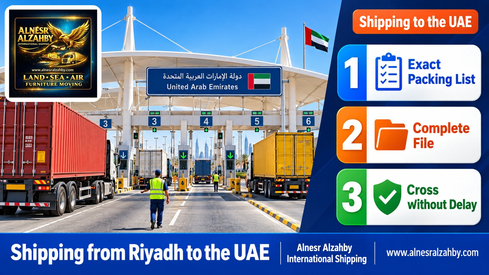 Cargo trucks crossing the Ghuwaifat border between Saudi Arabia and the UAE under modern white canopies