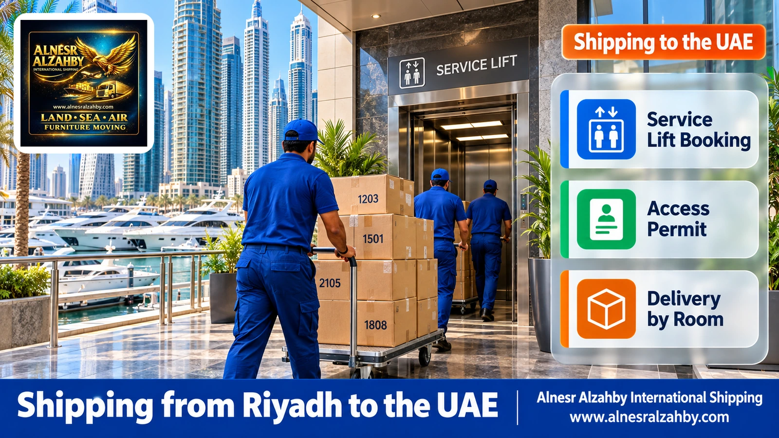 A team in blue uniforms bringing numbered boxes through the service entrance of a residential tower in Dubai Marina