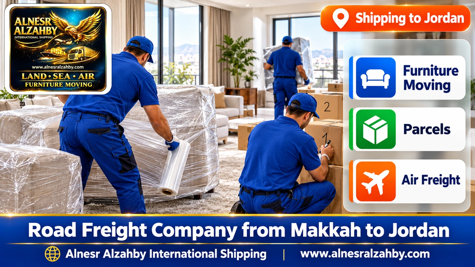 A team in blue uniforms wrapping furniture in a bright living room and numbering boxes