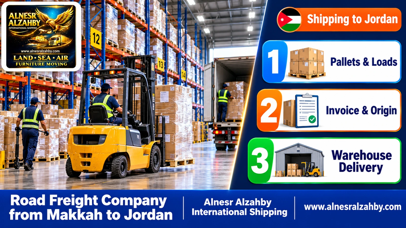 An organised consolidation warehouse with tall racks and numbered pallets