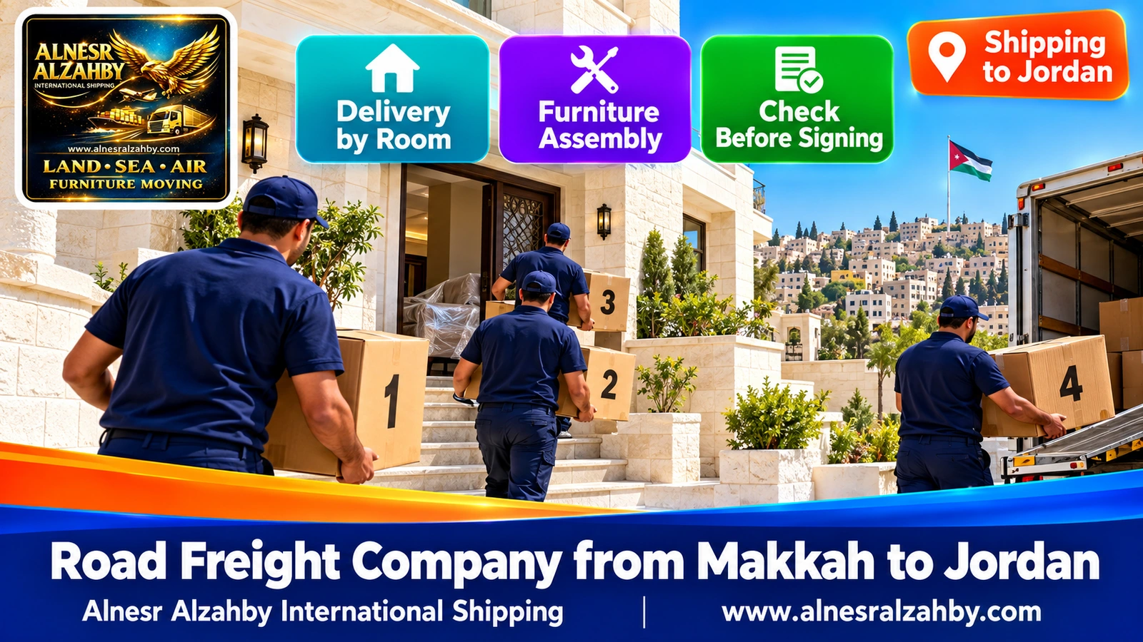 A team delivering numbered boxes to a white stone house in Amman