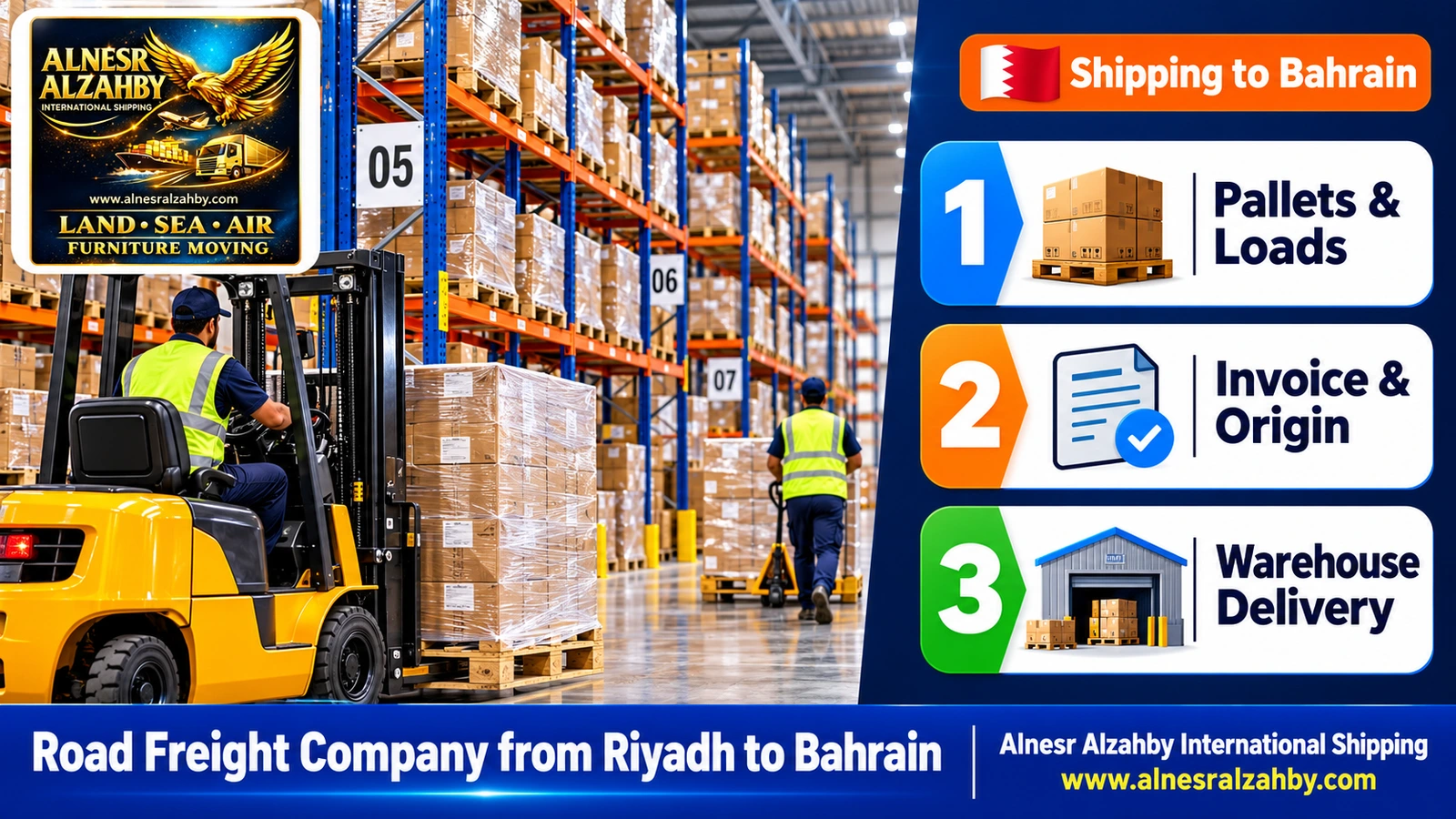 An organised consolidation warehouse with tall racks and numbered pallets