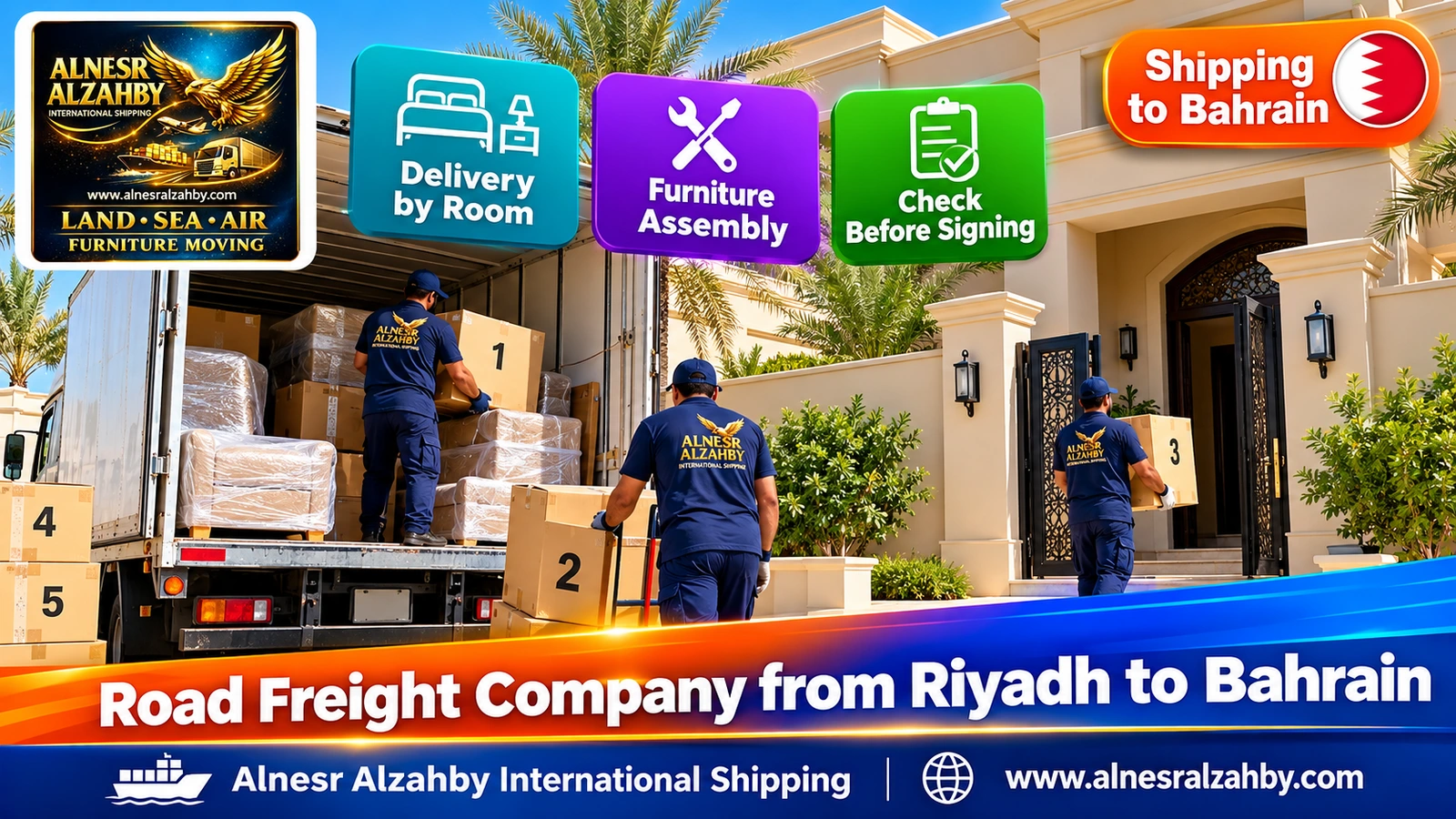 A team delivering numbered boxes to a villa in Riffa