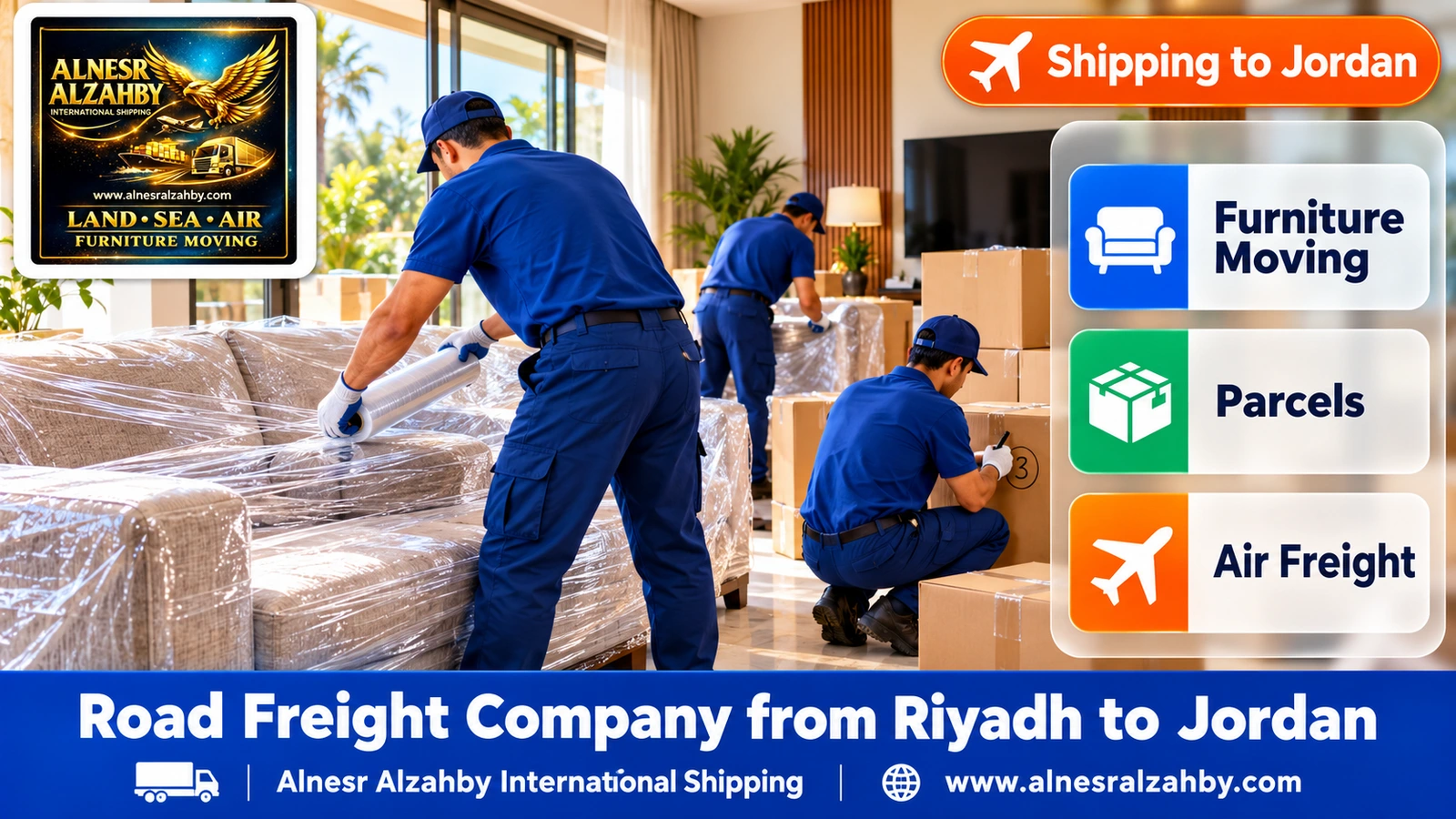 A team in blue uniforms wrapping furniture in a bright living room and numbering boxes